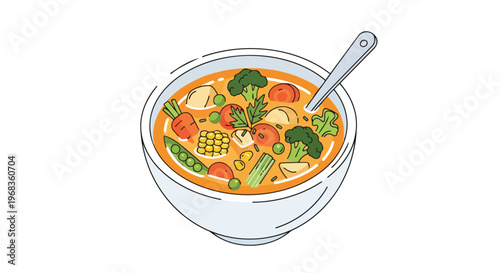 Vibrant and Flavorful Vegetable Soup Dish with a Spoon, Presented in a Simple White Bowl with a Clean White Background.