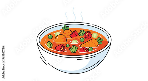 A vibrant, steaming bowl of hearty vegetable soup bursting with fresh carrots, peas, and tomatoes, a comforting culinary delight