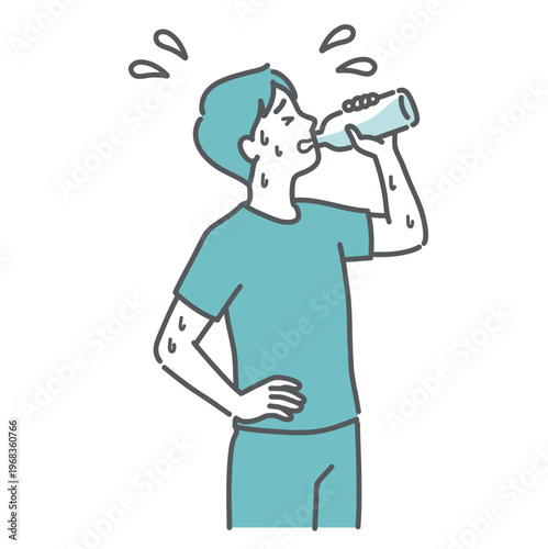 汗だくで水分補給をするスポーツウェア姿の男性のイラスト