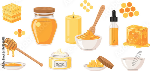 Honey Clipart Set with Jar, Dipper, Honeycomb, Candle, Dropper, Bowl, and Sweet Natural Beekeeping Elements for Food Designs