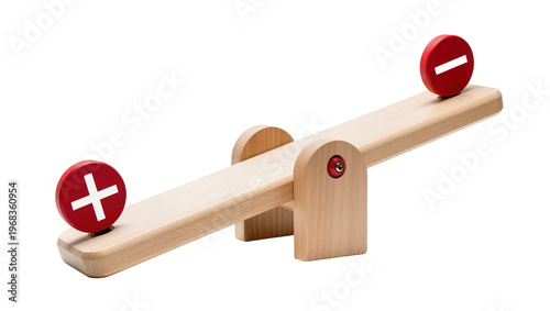 Tableau sur toile Wooden balance scale with red plus and minus circles at each end delicately tilt