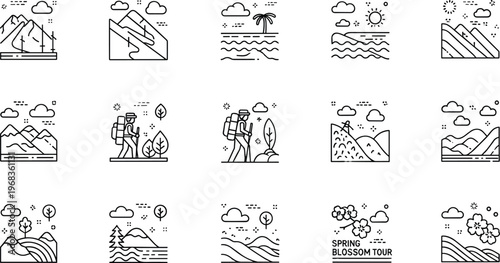 Nature landscape and travel adventure line icons set mountains hiking beach vector illustration minimal outline collection design