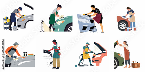 Set of flat illustrations showing diverse professional workers performing various car detailing and cleaning services, including polishing, waxing, and wheel maintenance.