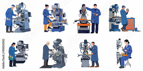 Collection of diverse industrial workers operating milling machines and heavy equipment for metalworking, isolated on a white background.