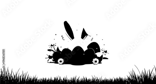 A black silhouette of a lawnmower exploding in a grassy field