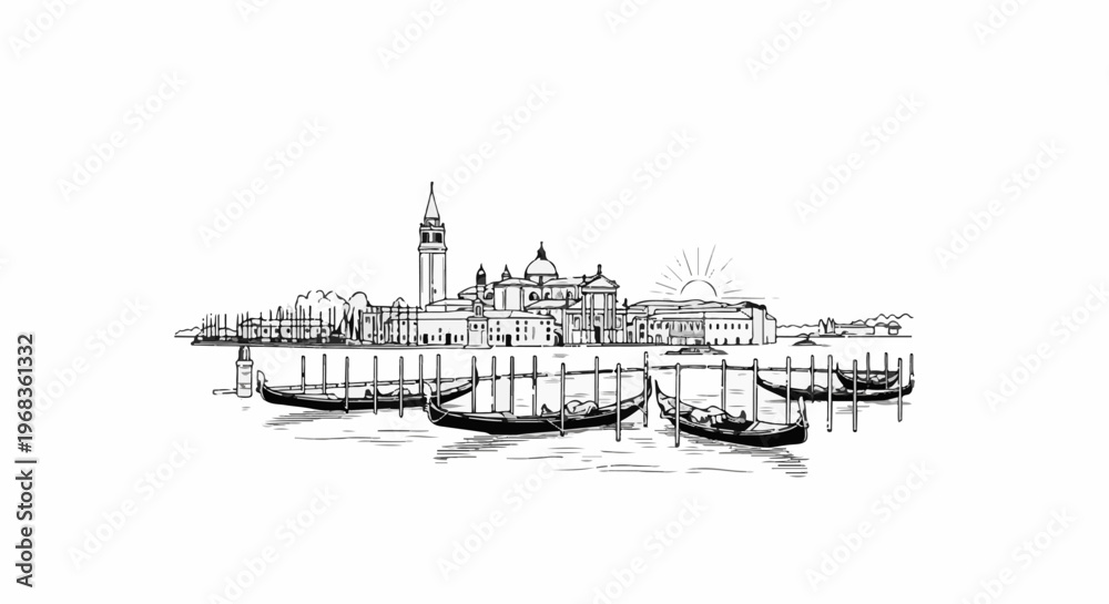 Fototapeta premium Black and white sketch of gondolas in a canal with a distant cityscape at sunrise