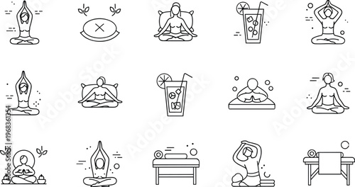 Yoga and wellness lifestyle icons set meditation spa relaxation vector illustration minimal outline collection health design