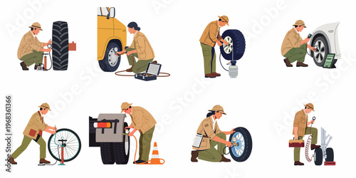 Set of illustrations depicting workers checking tire pressure and inflating tires for various vehicles like cars, trucks, and bicycles.