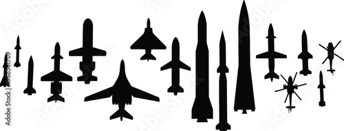 Aircraft and rocket silhouettes set, military aviation and space vehicles collection, airplane jet helicopter icons, aerospace vector illustration design