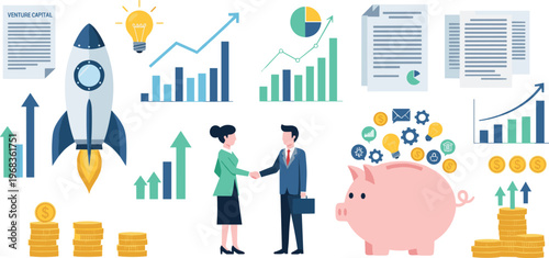 Business Growth and Investment Concept Illustration with Rocket Launch, Piggy Bank, Charts, Coins, and Financial Success Elements