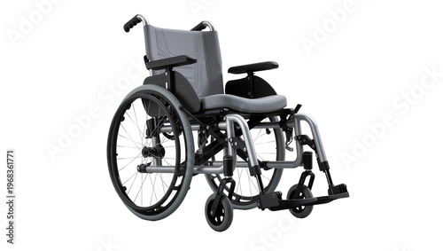 Foto Modern gray wheelchair with black rubber tires adjustable armrests and padded se