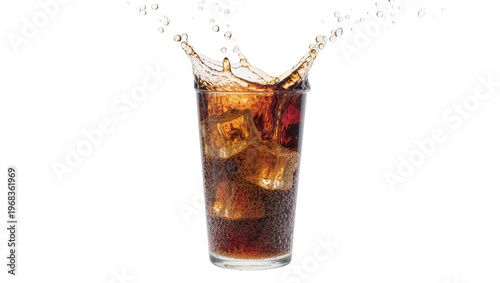 Obraz na płótnie Sparkling dark cola drink with crushed ice overflowing creating splashing water