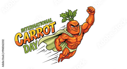 A vibrant cartoon illustration of a muscular carrot superhero flying with a cape on International Carrot Day against a clean white background.