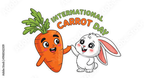 Vector illustration of a cheerful carrot and bunny celebrating International Carrot Day with colorful design elements on a white background.