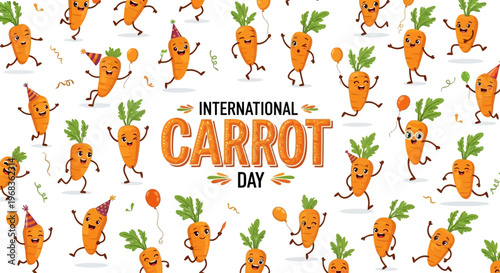 A vibrant illustration celebrating International Carrot Day with cartoon carrots and green leaves on a white background, conveying a joyful and healthy mood with a flat design style.