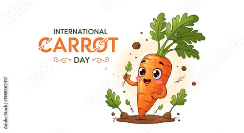 A cheerful cartoon carrot character celebrates International Carrot Day with a leafy green top, standing on brown soil with scattered dirt and leaves around it.