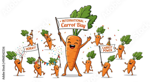 A vibrant illustration of a cheerful carrot character celebrating International Carrot Day with dancing carrots and colorful confetti against a clean white background.