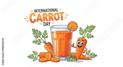 Illustration of a cheerful carrot character with a glass of carrot juice and slices, celebrating International Carrot Day with vibrant orange and green elements on a clean white background.
