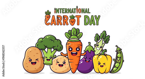 Colorful cartoon vegetables celebrating International Carrot Day with smiling faces on a clean background.