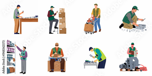 Set of industrial warehouse workers performing various tasks such as sorting, inventory management, and equipment inspection in a flat vector style.