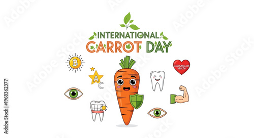 Illustration of a cheerful cartoon carrot surrounded by icons representing health benefits on International Carrot Day, with a mix of colorful vector graphics and whimsical design elements