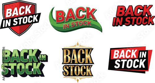 A collection of vibrant back in stock promotional badges and labels in diverse shapes and color schemes high quality professional detailed modern elegant