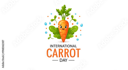 Illustration celebrating International Carrot Day with a cartoon carrot character surrounded by colorful leaves and water droplets on a vibrant background.