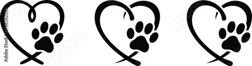 Pet love heart paw icons set, animal footprint inside heart symbols, veterinary care logo, dog cat affection vector illustration