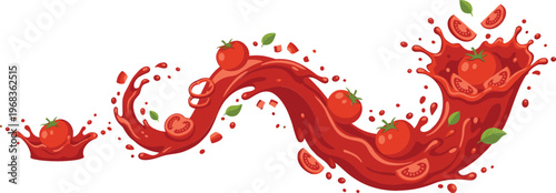 Fresh tomato juice splash wave with whole and sliced tomatoes, dynamic red liquid flow, and vibrant food illustration for healthy organic design