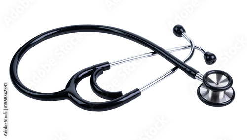 Sleek black medical stethoscope with chrome metal tubing and bell, isolated on transparent background for healthcare and medical concepts