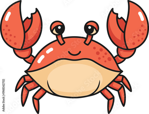 Cartoon crab with big claws smiling.