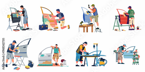 Set of auto body shop workers sanding, polishing, and repairing car doors, featuring professional tools and technicians in various car maintenance poses.