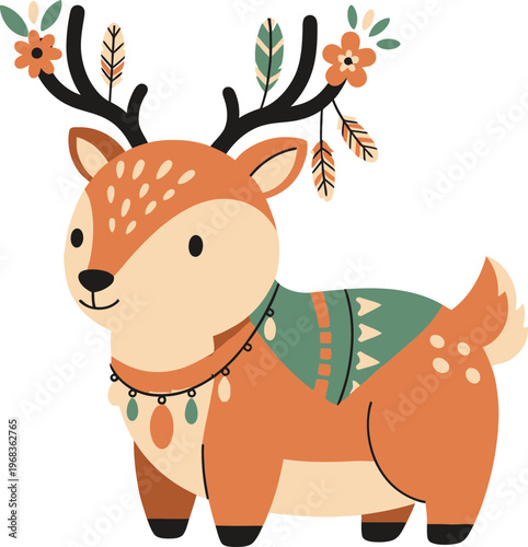 Cartoon deer with decorative antlers necklace.