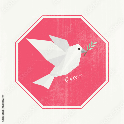 Origami peace dove sign with olive branch in pink octagon frame on light beige color background old condition with scratches and distress texture
