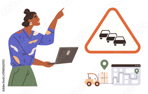 Traffic management, logistics planning, delivery routes, technology, navigation tools, transportation. Woman using a laptop and pointing, traffic warning sign map with delivery symbols. Logistics