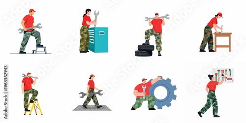 Collection of Mechanic Characters in Uniform Using Tools Like Wrenches and Gears for Industrial Maintenance and Repair Service Concept Illustrations