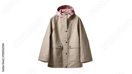 Beige hooded rain jacket with pink lining featuring multiple pockets and black button closures, isolated on transparent background for apparel catalogs