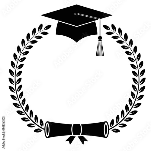 The image showcases a minimalistic laurel wreath surrounding a graduation cap. Below the wreath is a rolled scroll with a ribbon.