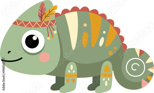 Colorful chameleon with decorative headband smiling.