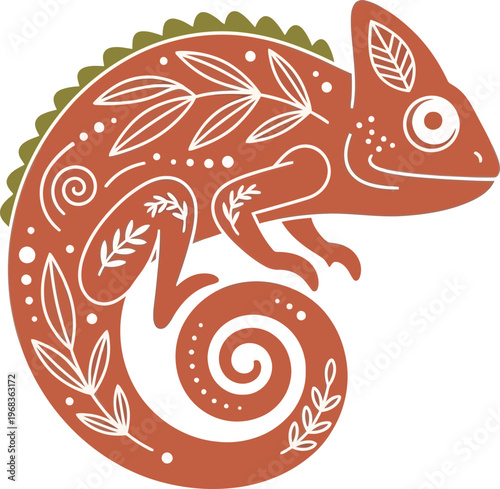 Colorful chameleon with leaf pattern.
