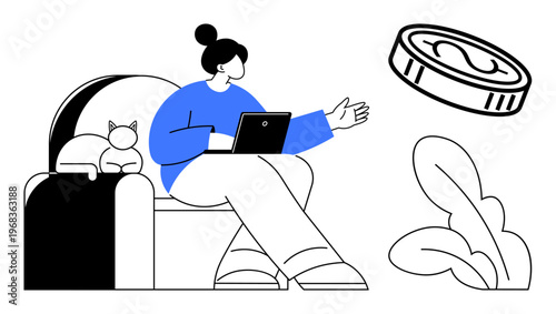 Freelancing, remote work, financial independence, money management, work-life balance, modern economy. Woman sitting with laptop, cat and floating coin. Freelancing and remote work concepts