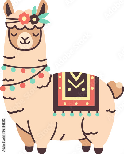 Colorful llama with decorative accessories.
