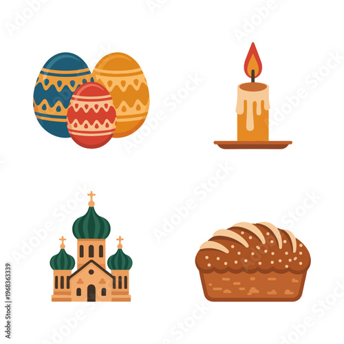 Flat Icon Set – Painted Eggs, Candle, Church Dome, Kulich Bread, Easter Symbols
