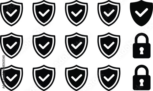 Shield security icon collection, vector set featuring shields with checkmarks and lock symbols representing protection safety verification and secure access design.