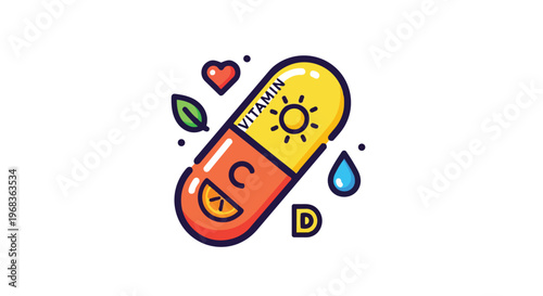 Vibrant Illustrated Capsule Representing Vital Nutrients and Wellbeing