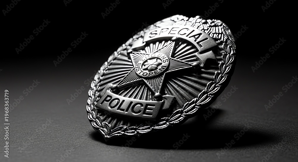 Fototapeta premium Close-up, Dramatic Studio Shot of a Shiny, Metallic Police Badge with a Star Emblem and the Word 'Police' Engraved on it, Against a Dark, Moody Background