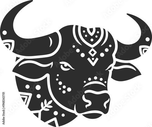 Decorative Black Bull Head Illustration.