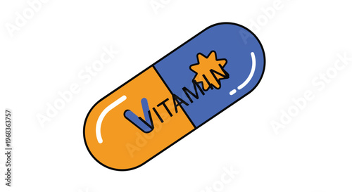 Stylized Capsule Illustration Featuring the Word "VITAMIN" and a Star Icon
