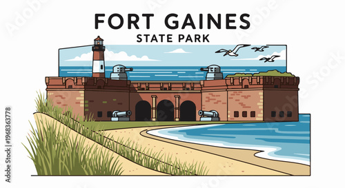 Historic coastal fort with lighthouse, cannons, and seagulls flying over blue water