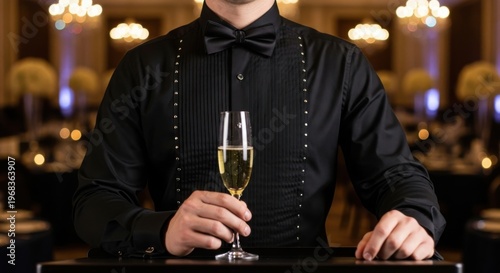 Elegant bartender holding champagne flute in upscale lounge with warm ambient lighting